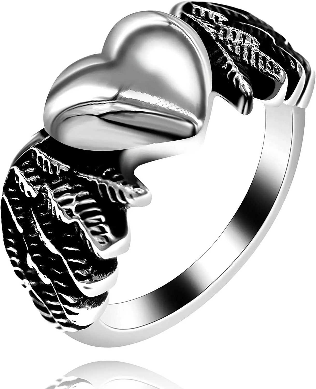 

Uloveido Eagle Wing Stainless Steel Ring for Men Women, Cool Punk Feature Ring with Heart, Antic Black