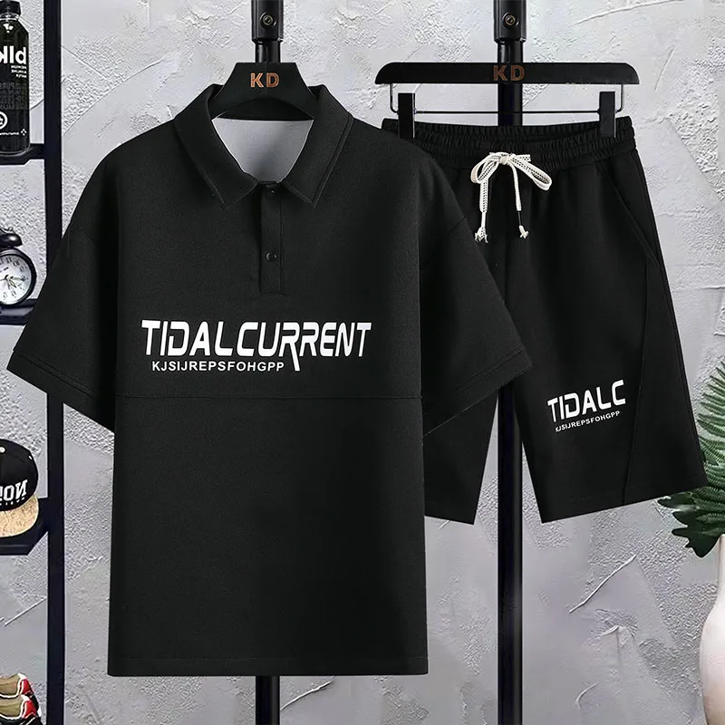 Waffle Short-Sleeved T-shirt Men's 2023 Summer Fashion Brand Loose Shorts Set Polo Casual Sportswear Suit