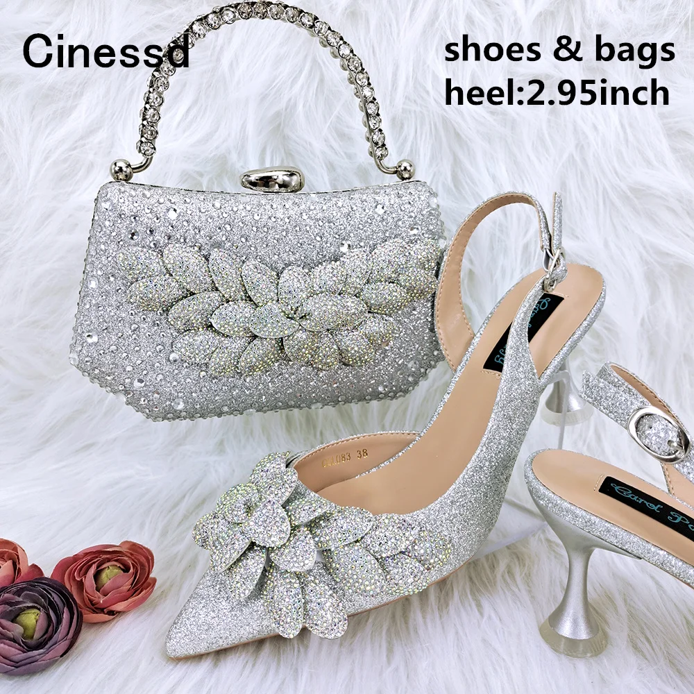 

Sandals New Design Handmade Flowers Shoes And Bag African Women's Banquet Matching Shoes And Bag Pointed Toe Heels Wedding Party
