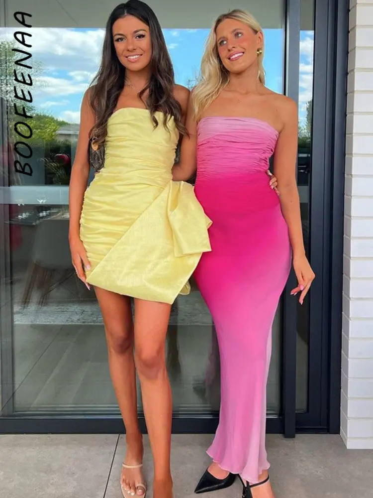 

BOOFEENAA Gradient Pink Ruched Strapless Long Dresses Sexy Summer Party Dresses Women Evening Elegant Birthday Outfits C69-DZ22