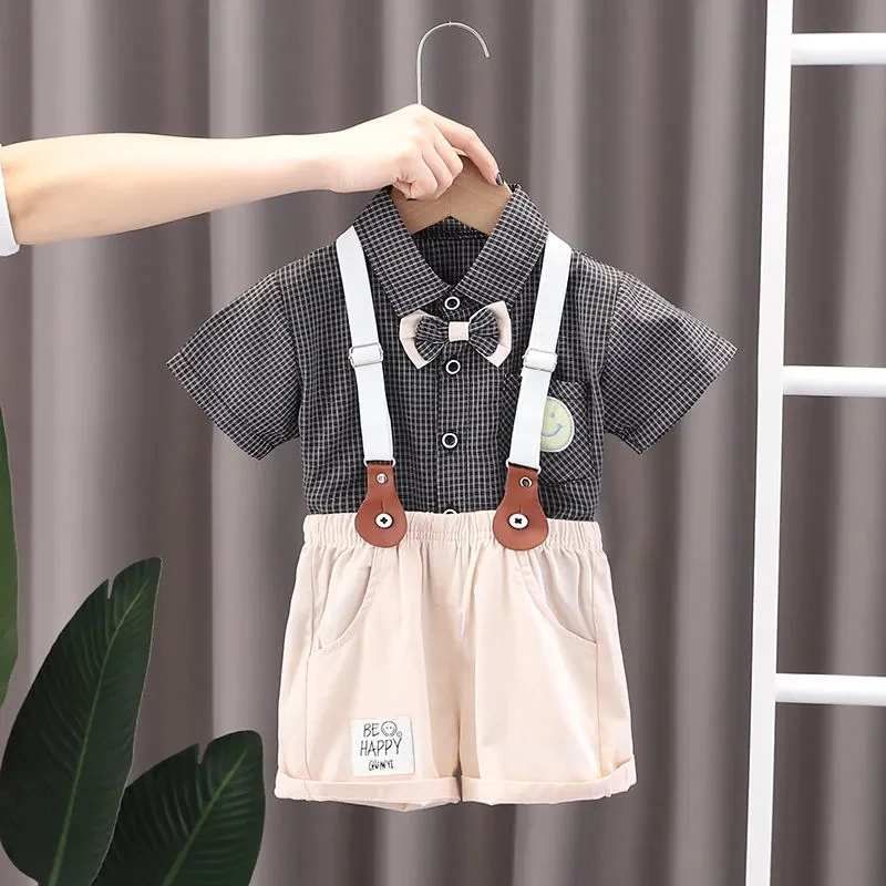 

Летний костюм для маленьких мальчиков рубашка в клетку с короткими рукавами + штаны на подтяжках повседневная одежда комплект джентльмена ...