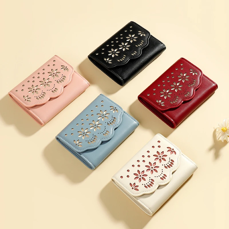 

New Design Floral Pattern Small Wallets Women's Soft PU Leather Credit Card Wallets Ladies Popular Female Mini Purses Hollow