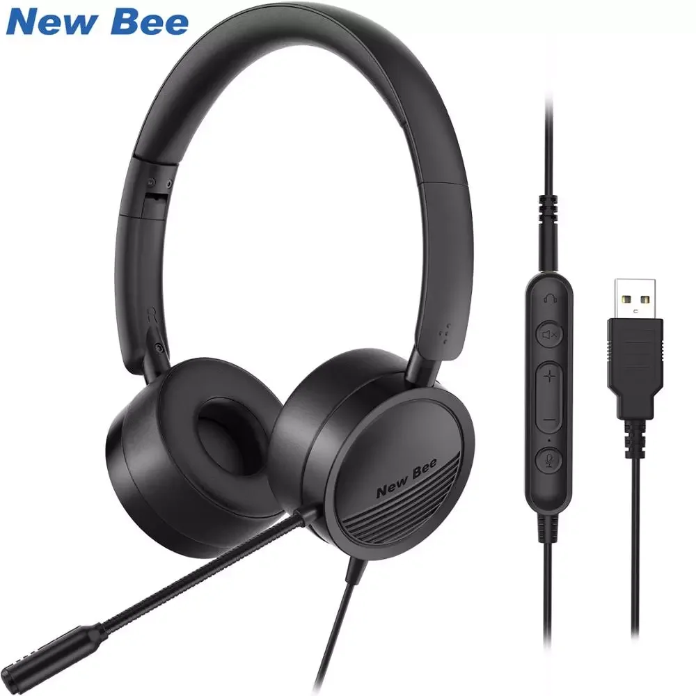 

New Bee USB Headset with Microphone for PC 3.5mm Business Headsets with Mic Mute Noise Cancelling for Call Center Headphones