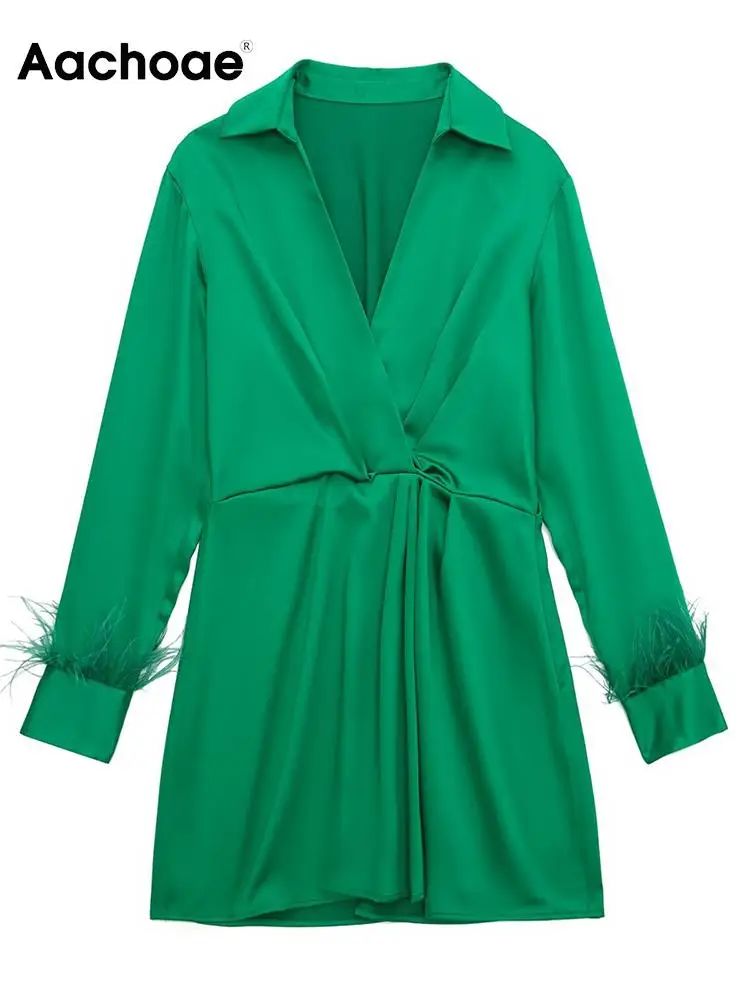 

Aachoae Fashion Solid Color Mini Dress Women Casual Turn Down Collar Feather Long Sleeve Dress Ladies Pleated A Line Dress
