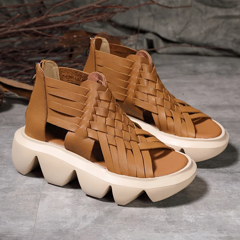 

Birkuir Woven Hollow Out Sandals For Women Thick Heel Open Toe Shoes Luxury Genuine Leather 5cm Elegant Wedges Ladies Slides