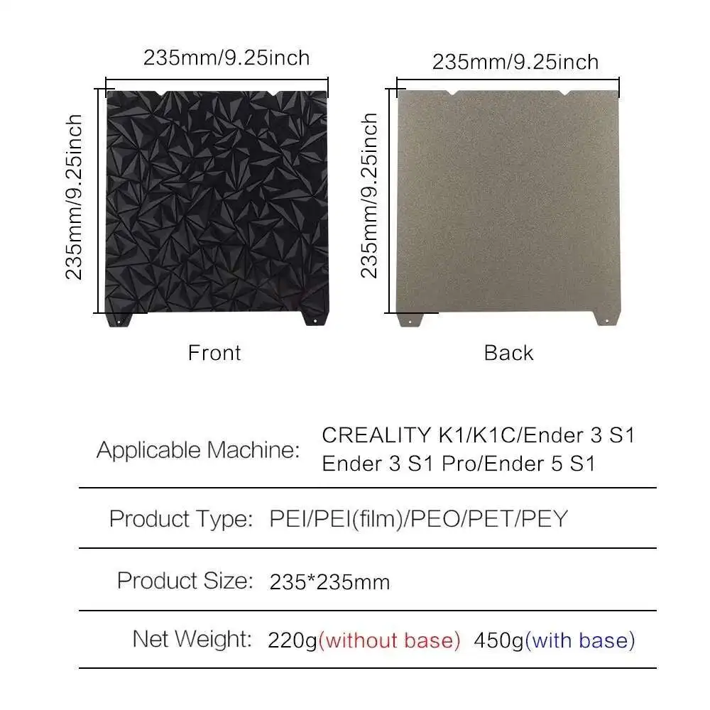 Фото Стальной лист PEI PET PEO PEY, гладкая платформа с подогревом для Creality K1/K1C/K1 Max, сборная пластина 235x235 мм 310x315 Ender 3 S1 Ender 3 V3 Se №2