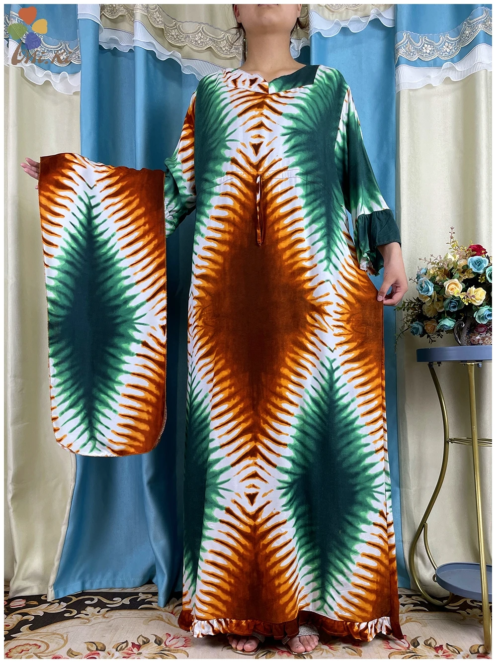 Muslim Abaya Dress New African Women Long Sleeve Belt Colorful Dashiki Cotton Floral Dress Paired with Scarf Casual Clothing