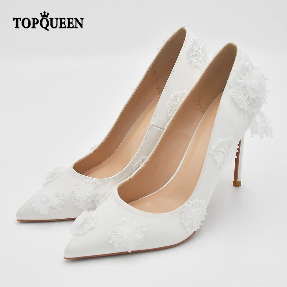 

TOPQUEEN White High Satin Wedding Shoes With Flower Handmade Beaded Embroidery Craft Ladies High Heels A90