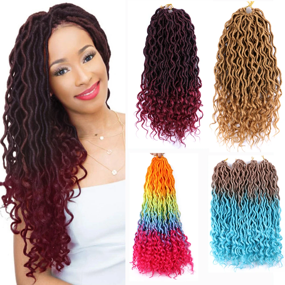 

Faux Locs Curly Ends Goddess Nu Synthetic Crochet Braids Hair Extensions Pre Loop for Women Ombre Color Braiding Hair 24 Roots