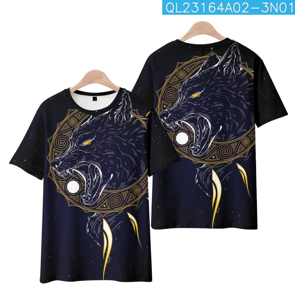 

Casual Cartoon Wolf Printed Short Sleeve T-Shirt Men Women Round Neck Fashion Streetwear Versatile Hip Hop Top Tees