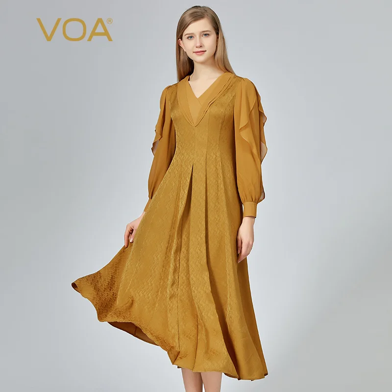 VOA Jacquard Silk V-Neck Shirt Long-sleeved Dresses Women Stitched Georgette Silk Yoke Pleated Golden Silk Dress Spring AE1320