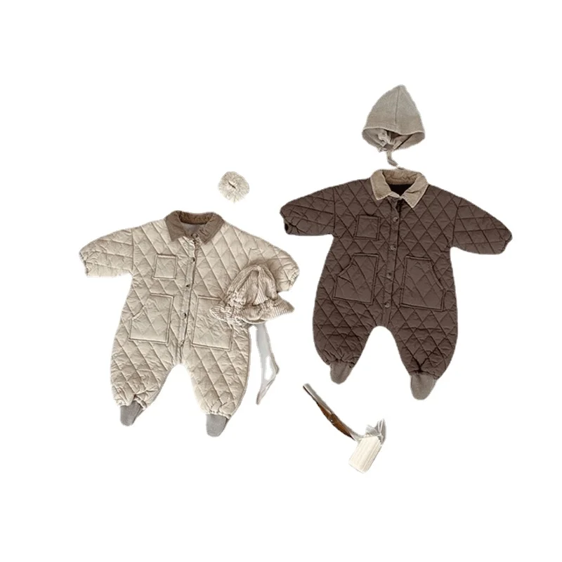 3-18M Autumn Winter Long Sleeve Warm Thick Romper Newborn Baby Girl Boy Single Breasted Jumpsuit Toddler Outwear Baby Clothes