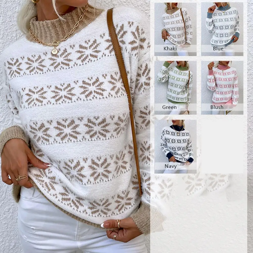 

Classic Sweater Jumper Soft Xmas Sweater Ribbed Trim Women Christmas Themed Print Warm Sweater Cold Resistant