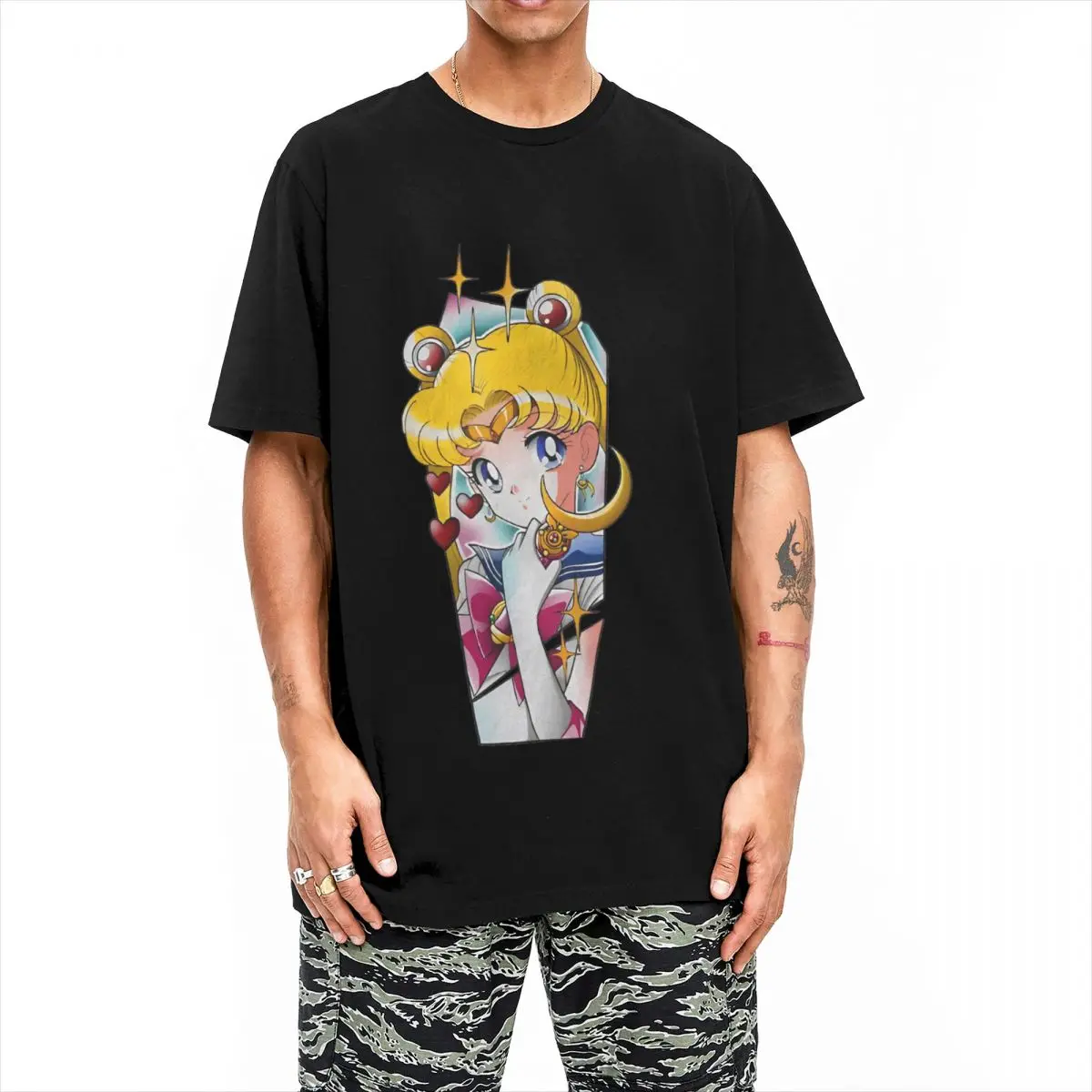 Мужская хлопковая футболка с коротким рукавом круглым вырезом и принтом аниме
