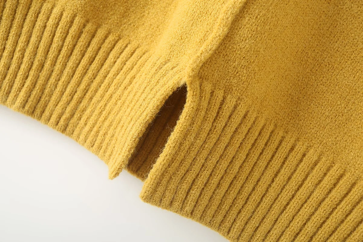 TRAFZA 2024 Chic однотонный желтый женский свитер с круглым вырезом и разрезом