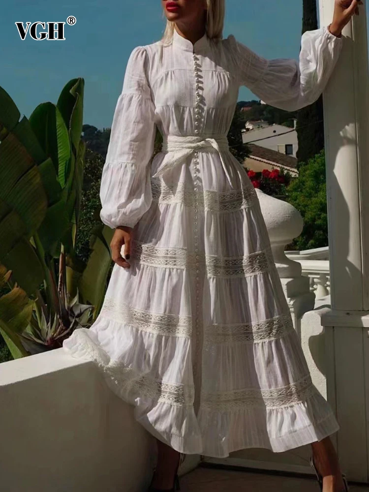 

VGH Elegant Soild Dresses For Women Stand Collar Long Sleeve High Wasit Patchwork Signle Breasted A Line Long Dress Female Style