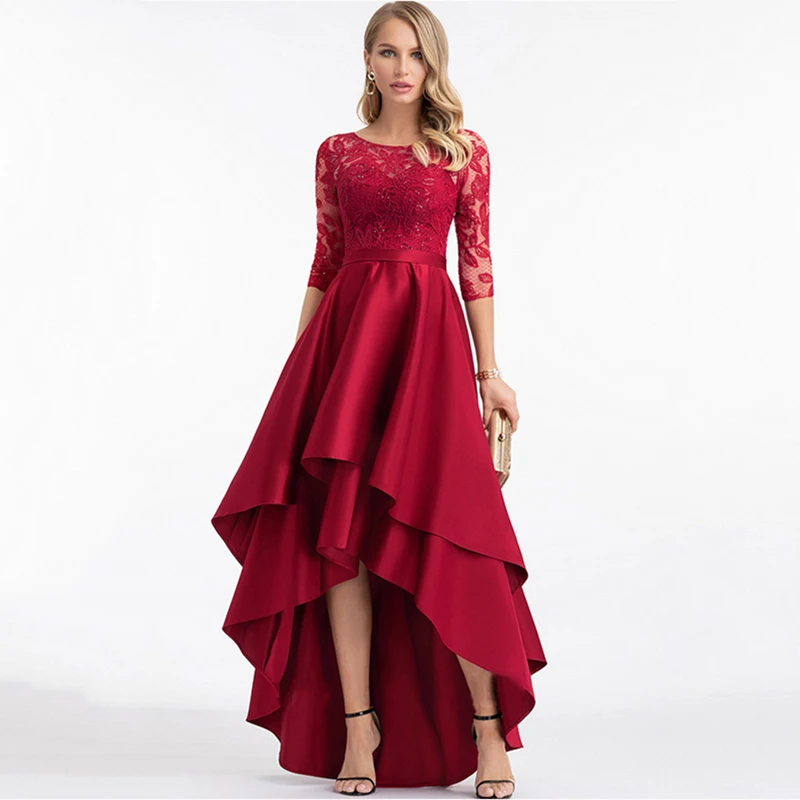 

vestidos de gala Burgundy Satin O-Neck Prom Dresses 2022 Lace Half Sleeve Sexy Party robe de soirée femme платье на выпускной