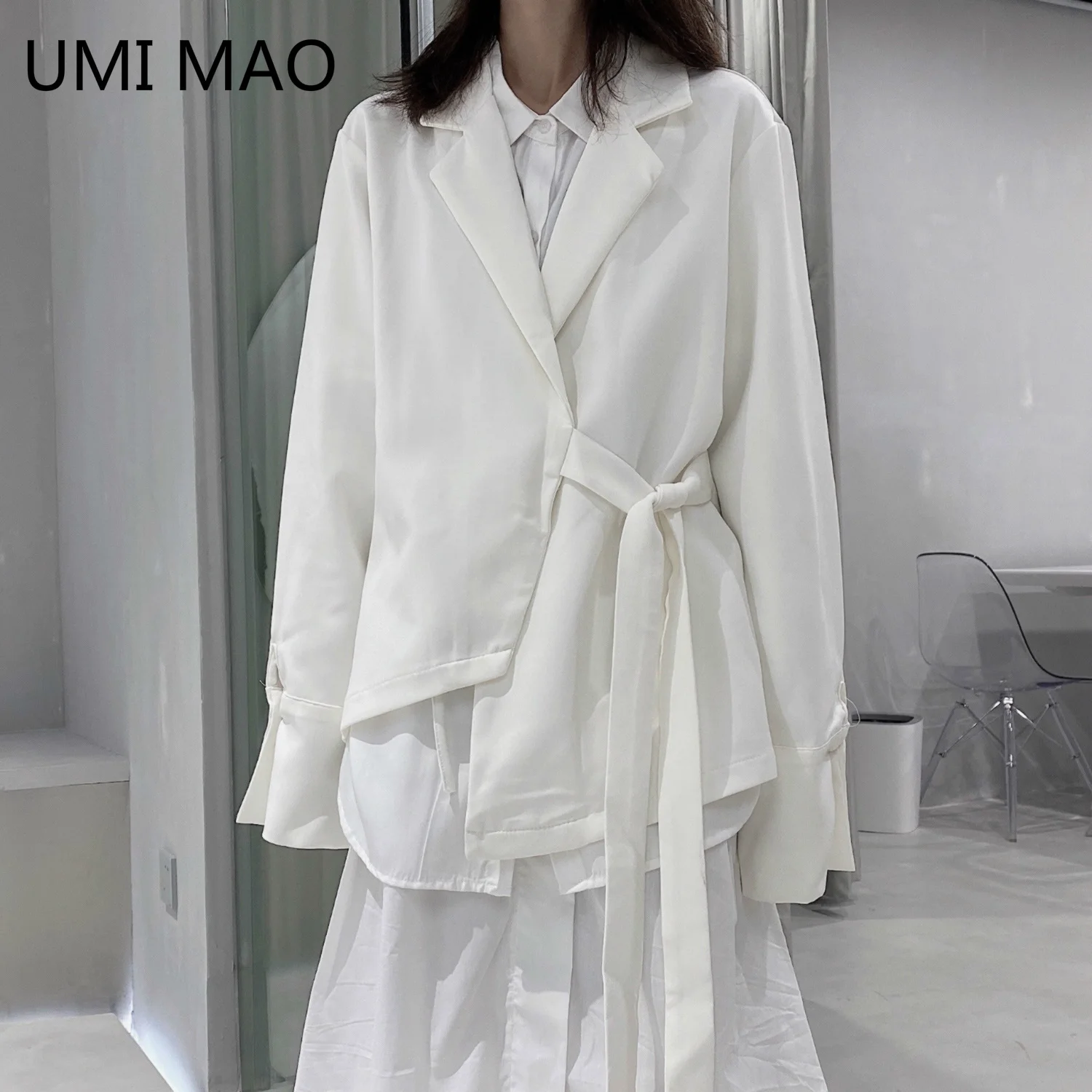 

UMI MAO Diablo Yamamoto Style Niche Design Irregular Side Straps Lace-up Blazers Jacket Feminino Coat Casual Loose White Outwear