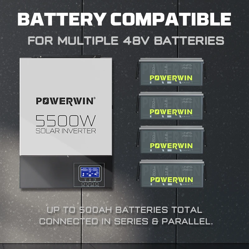 Гибридный солнечный инвертор POWERWIN BT200 LifePO4 12 В 200 Ач/2560 Втч HI5500 5500 Вт 48