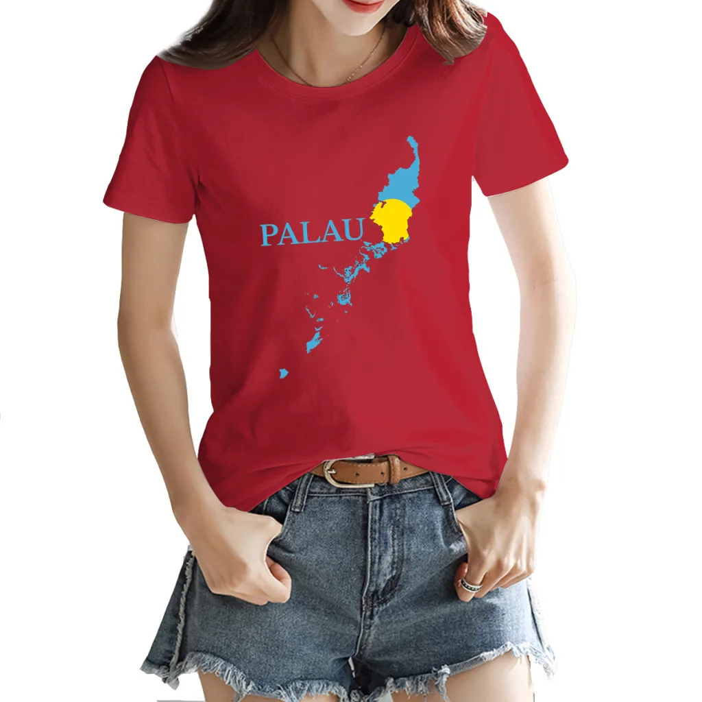 

Republic of Palau Beluu er a Belau Map flag Women's T-shirt Novelty Red GeekyRound neck Tops Tees European Size