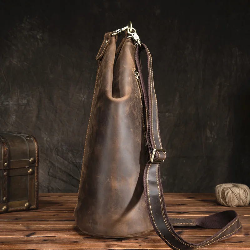 Vintage cylinder design natural genuine leather men's chest bag fashion casual crazy horse cowhide youth shoulder crossbody bags