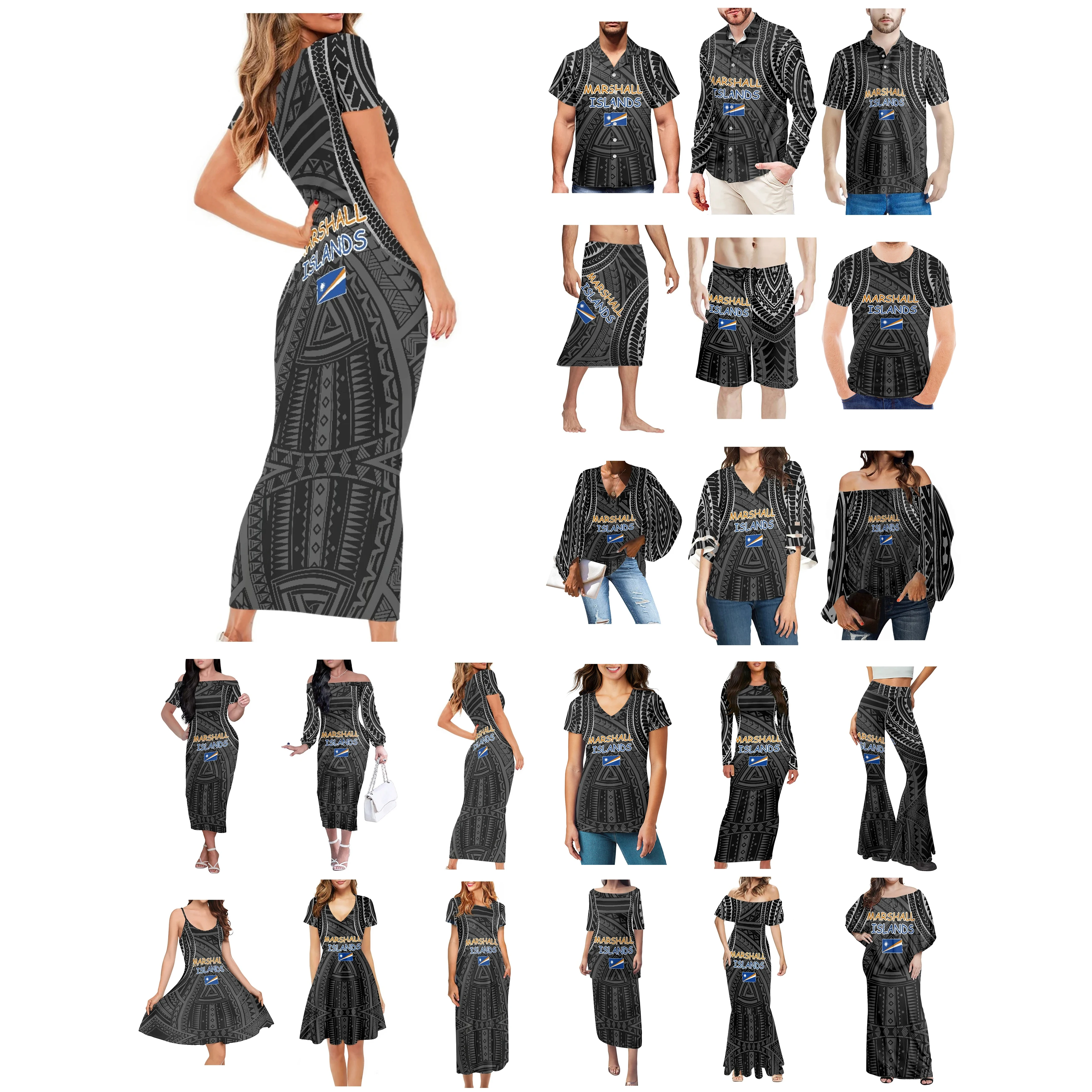 

Polynesian Islands Tattoo Prints Clothes Women Dress Matching Men Shirt Casual Breathable Black Gray Lover Clothes Wear