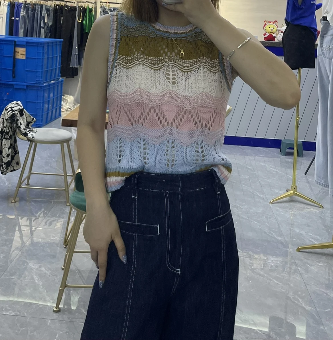 Топ женский вязаный пляжный в стиле бохо кроп-топ без рукавов крючком Корейском