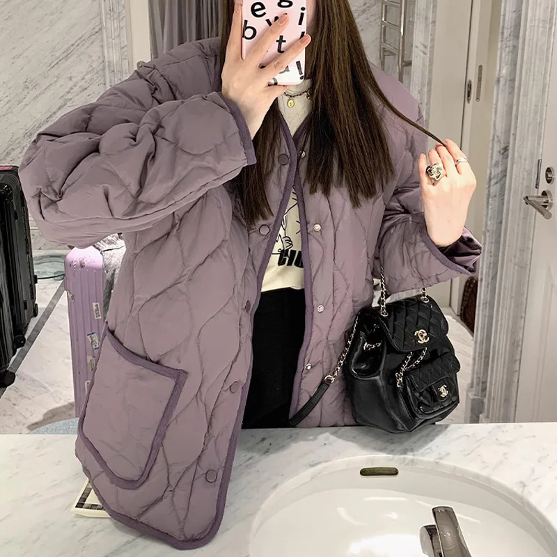 

Женская зимняя стеганая куртка Lilac tea, однобортная свободная повседневная куртка из тонкого хлопка с бриллиантовой сеткой,