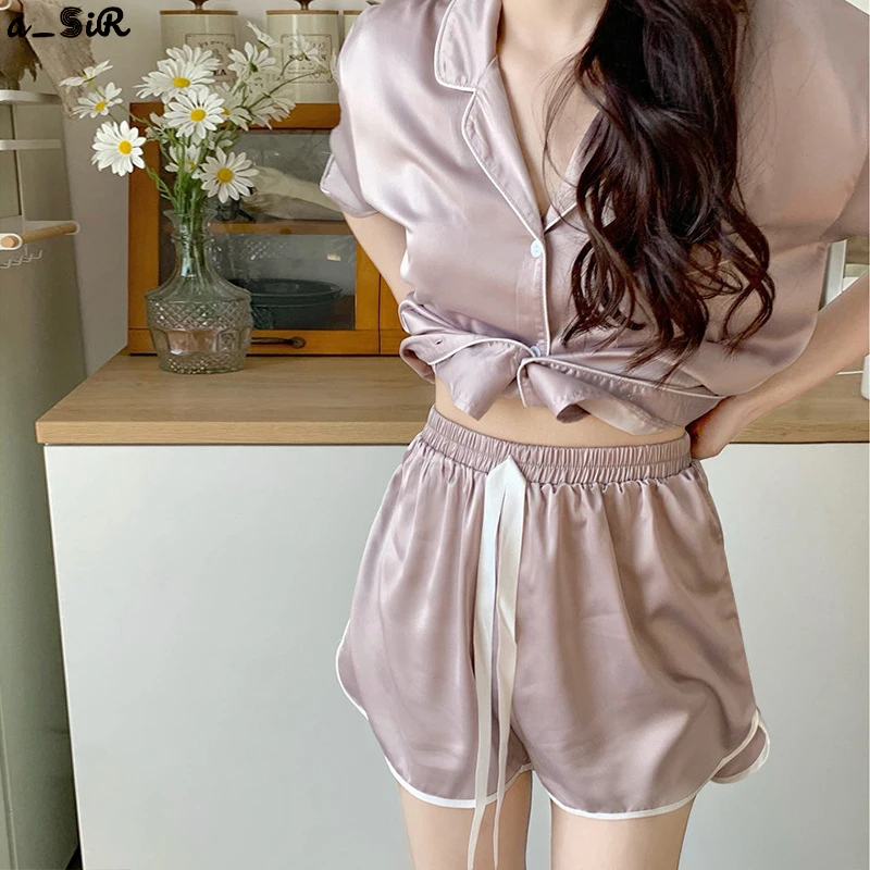 

a_SiRSummer silk like pajamas short sleeve Korean version sexy lace sweet ice silk summer two-piece home clothes can be worn out