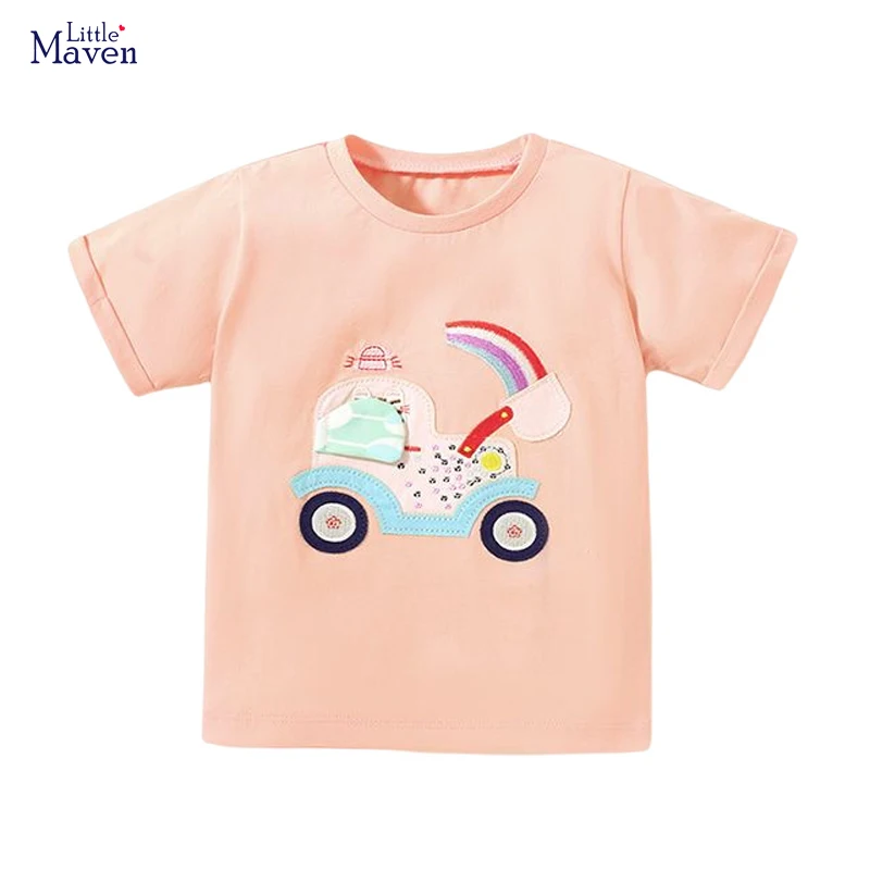 

Little maven Girls Shirts Excavator Appliques Pink Color Clothes Summer New Baby Girls Clothes 4 Years Little Girls T Shirts
