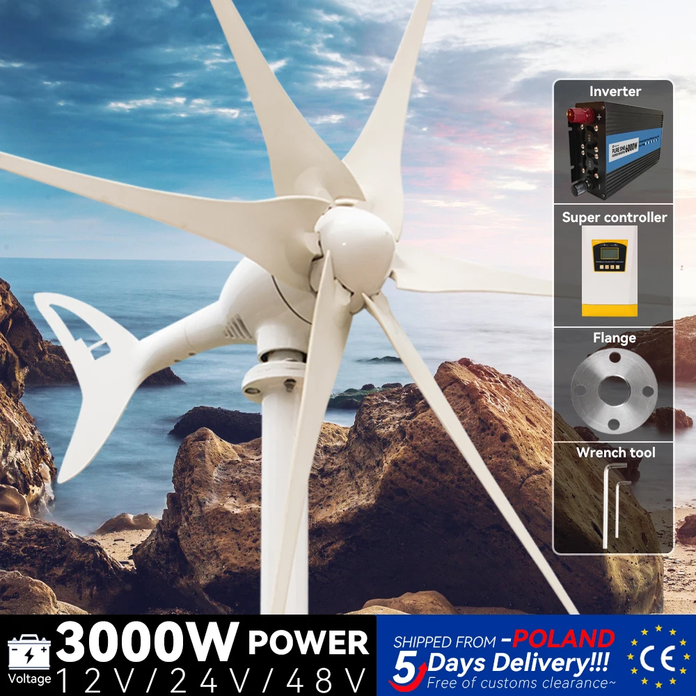 

Wind Permanent Magnets Generator 3Kw 6 Blades 12v 24v 48v Optional Mppt Charge Controller Off Grid System Windmills