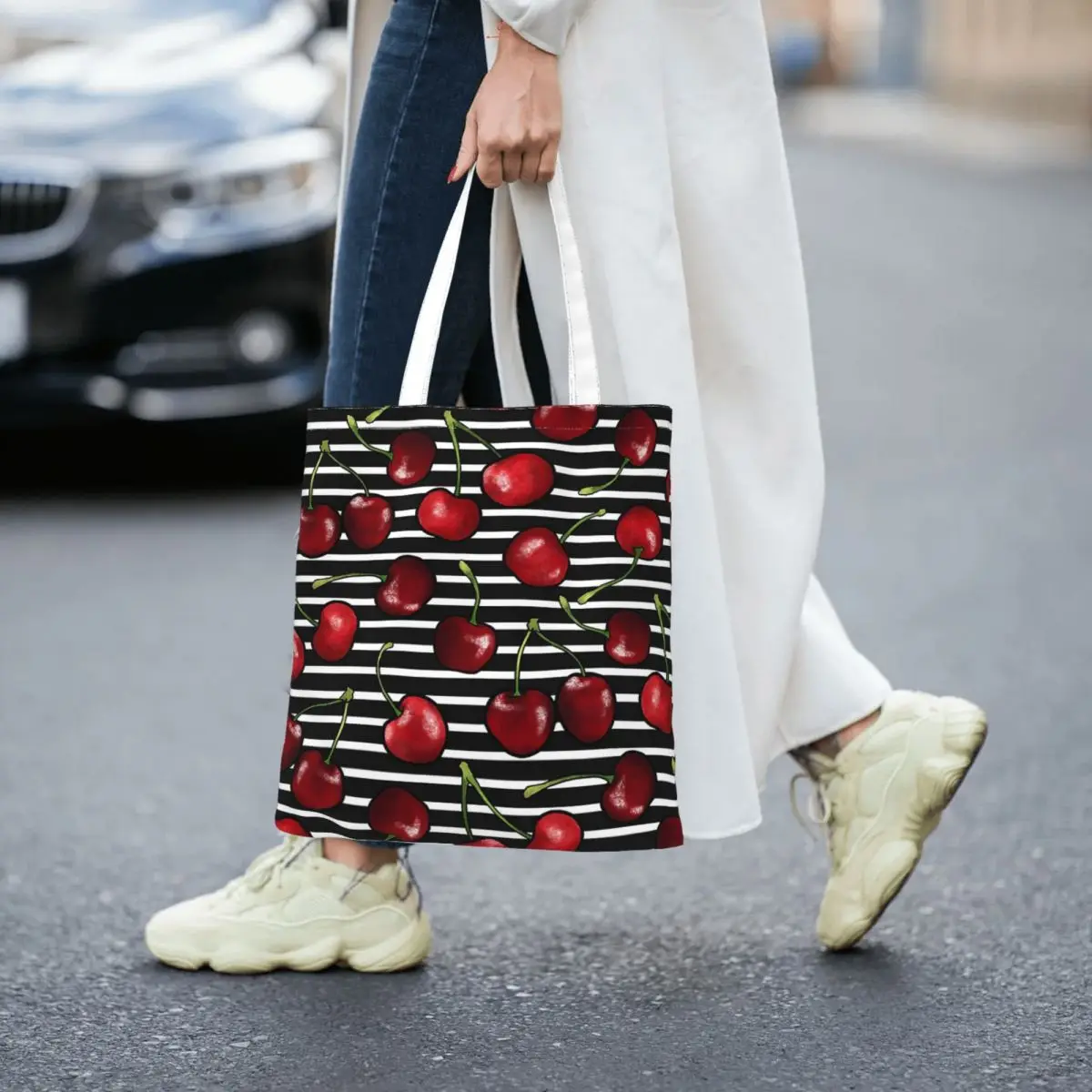 

Very Cherry Cherries, Black And White Stripes Women Canvas Handbag Large Capacity Shopper Bag Tote Bag withSmall Shoulder Bag