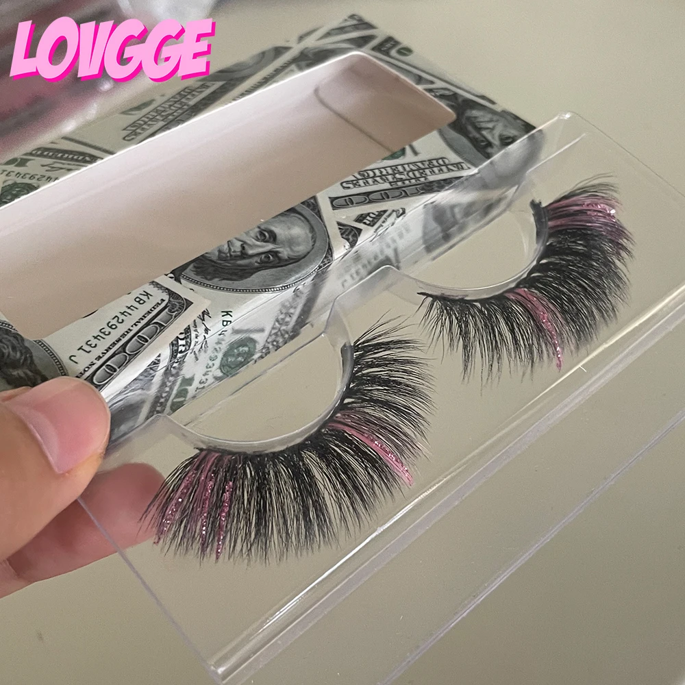 

LOVGGE Pop Colored Pink Glitter Mink Lashes Come with Regular Money Paper Packaging Boxes Cases Wholesale Free Shipping