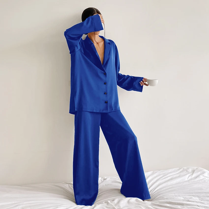 Night gown oversized satin silk pajamas low-cut sexy women's single breasted long sleeve width height and pants legs