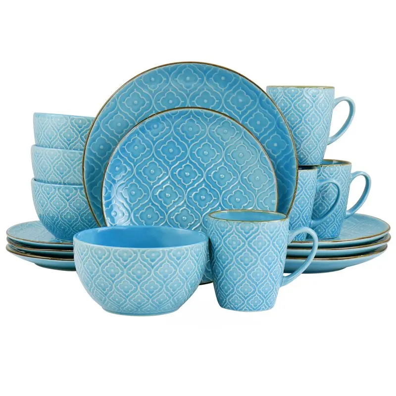 

16 Piece Embossed Stoneware Dinnerware Set in Teal Dinnerware Set Kitchen Accessories Dining Table Set Plates and Bowls and Dish