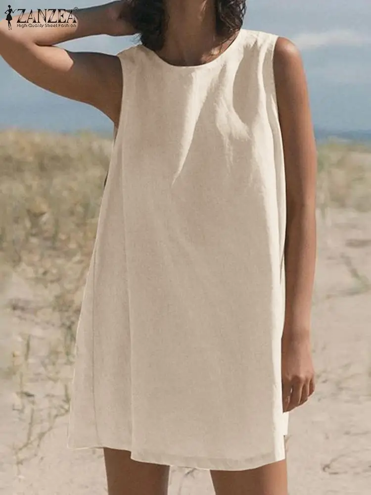 

Коллекция 2023 года, Однотонный сарафан ZANZEA до колен, летнее Повседневное платье без рукавов, женские платья-миди, Женский праздничный пляжный свободный халат