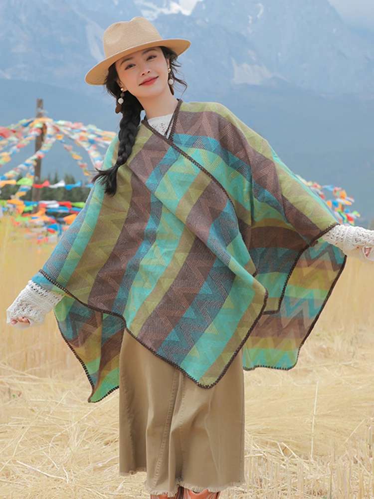 Осенне-зимний милый шарф в стиле преппи женское многослойное пончо теплый