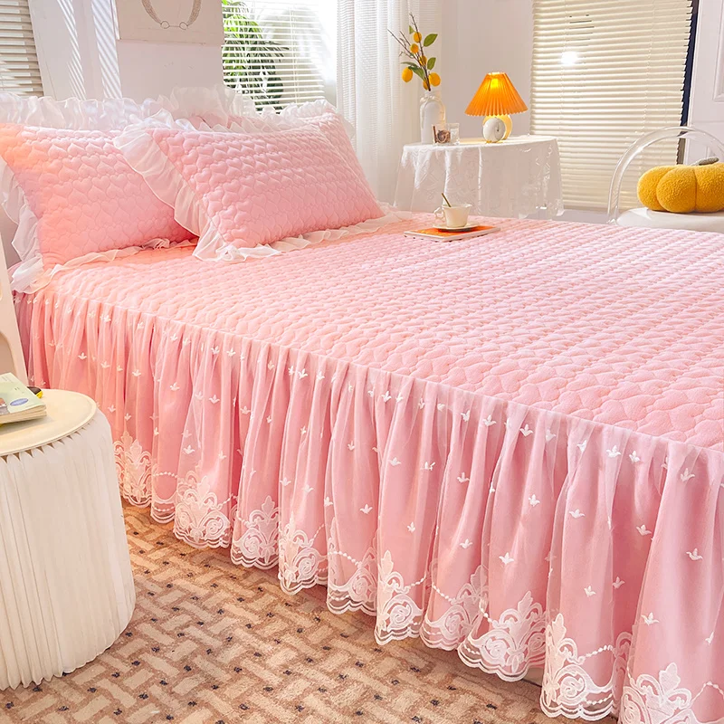 Milk Velvet Quilted Bed Skirt Winter Warm Thickened Bedspread Three-Piece Cover Non-Slip Sheet