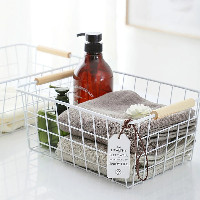 

Wire White Baskets with Wood Handles Storage Organizer Baskets Household Rectangular Container for Kitchen Cabinet Refrigerator
