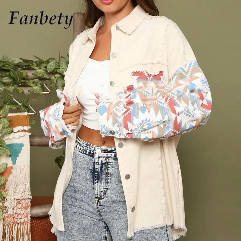 

Куртка женская джинсовая однобортная с карманами, Модный повседневный топ с отложным воротником и принтом, винтажная свободная уличная одежда с бахромой, осень
