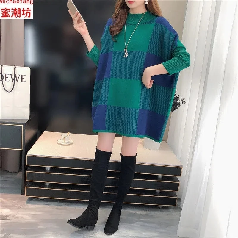Knitted Cloak Women Plaid Casual Tops Autumn Winter Mid-length Sweater Female Turtleneck Cape Loose Fashion Bat Type Jumper images - 6