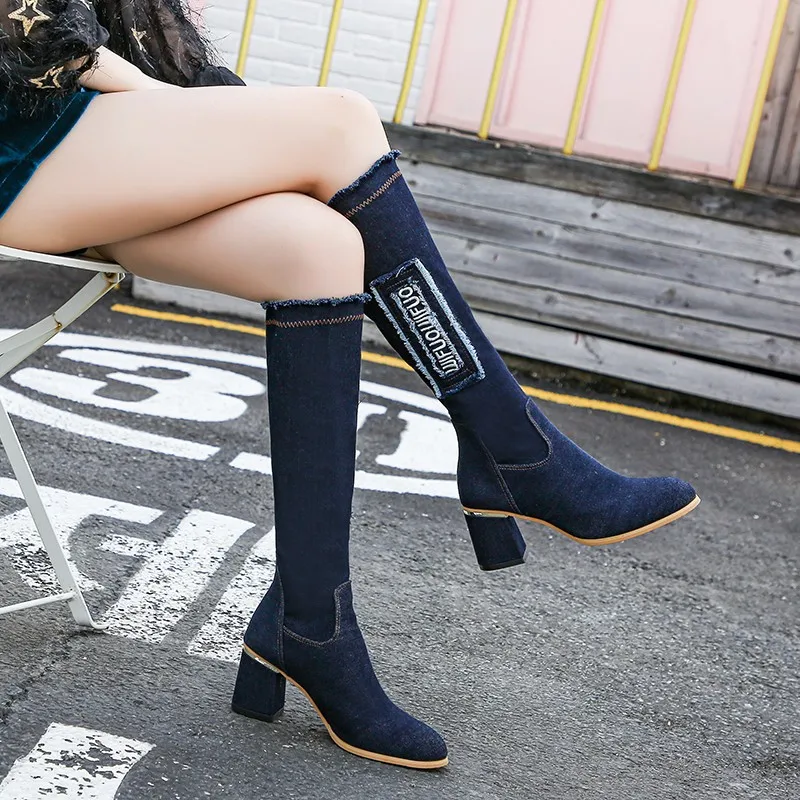 

Vintage Denim Elastic Knee High Boots Women Slip on Metal Thick High Heels Long Boots Woman Casual Tassel Shoes 41