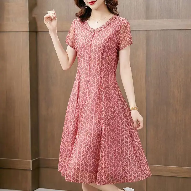

Fdfklak Summer Dress Print Female Casual V-neck Short-sleeved A-line Beach Long Robe Dress High Waist Harajuku Female Clothing