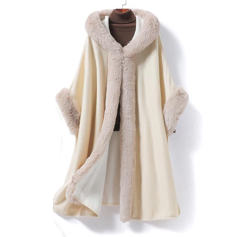 Женская винтажная шаль с рукавами летучая мышь и капюшоном меховым воротником