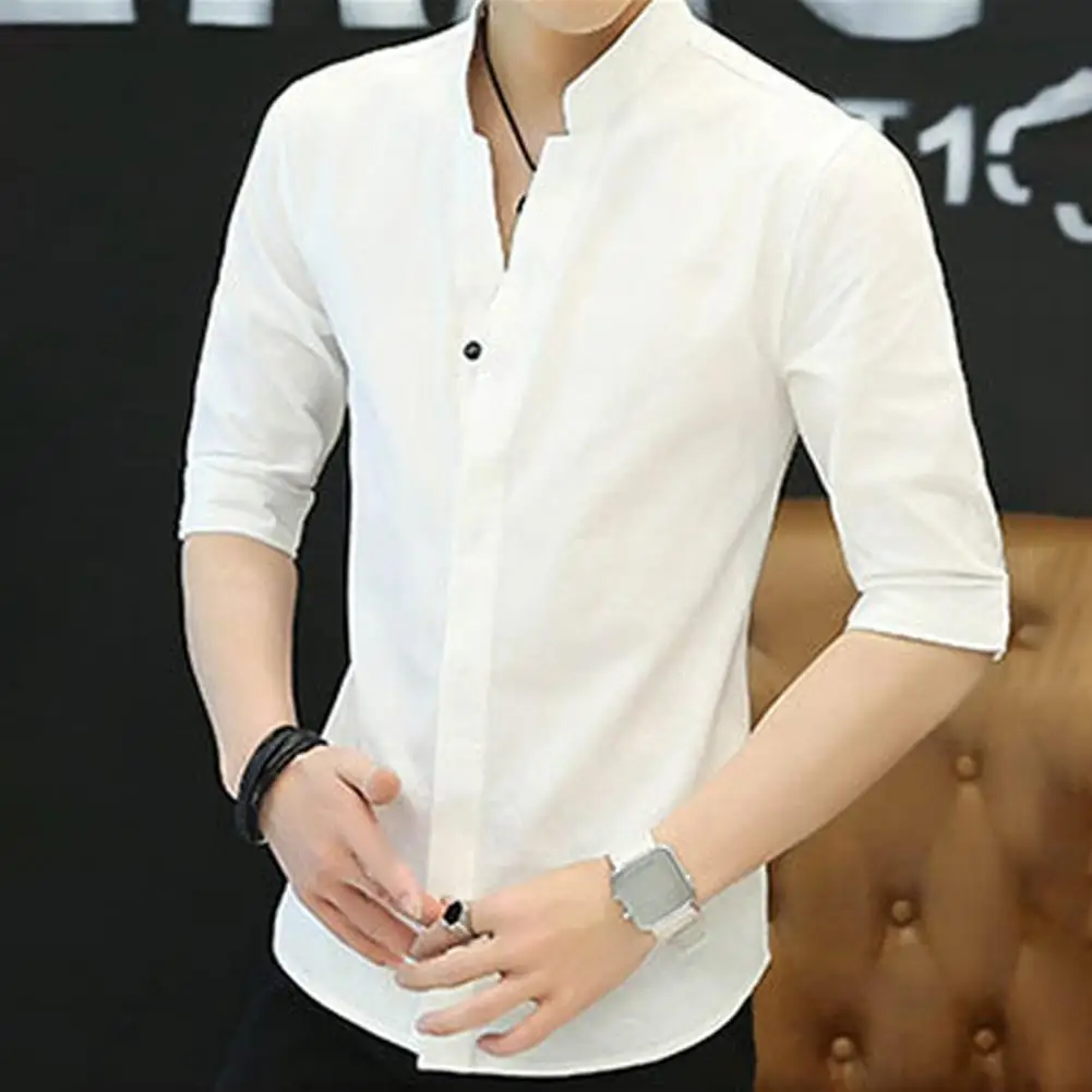 Мужская Однотонная рубашка с воротником-стойкой приталенная в деловом стиле