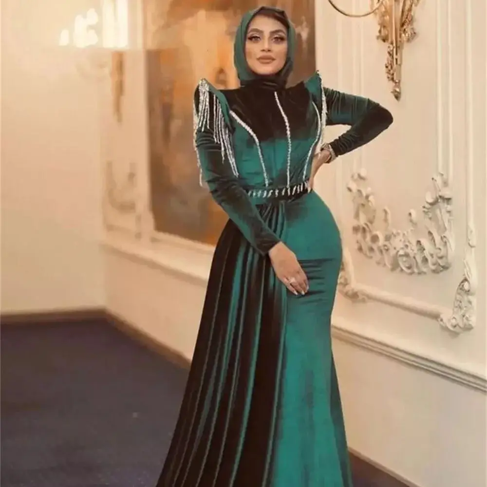 

Muslim Evening Dresses Long Luxury 2022 Celebrity Formal Dress Women Elegant Velvet Dinner Dresses With Cape Tassels vestidos