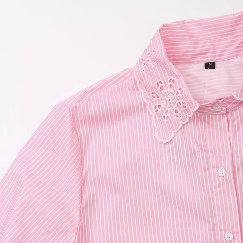 Женская Полосатая Рубашка с ажурной вышивкой милый яркий однобортный Топ