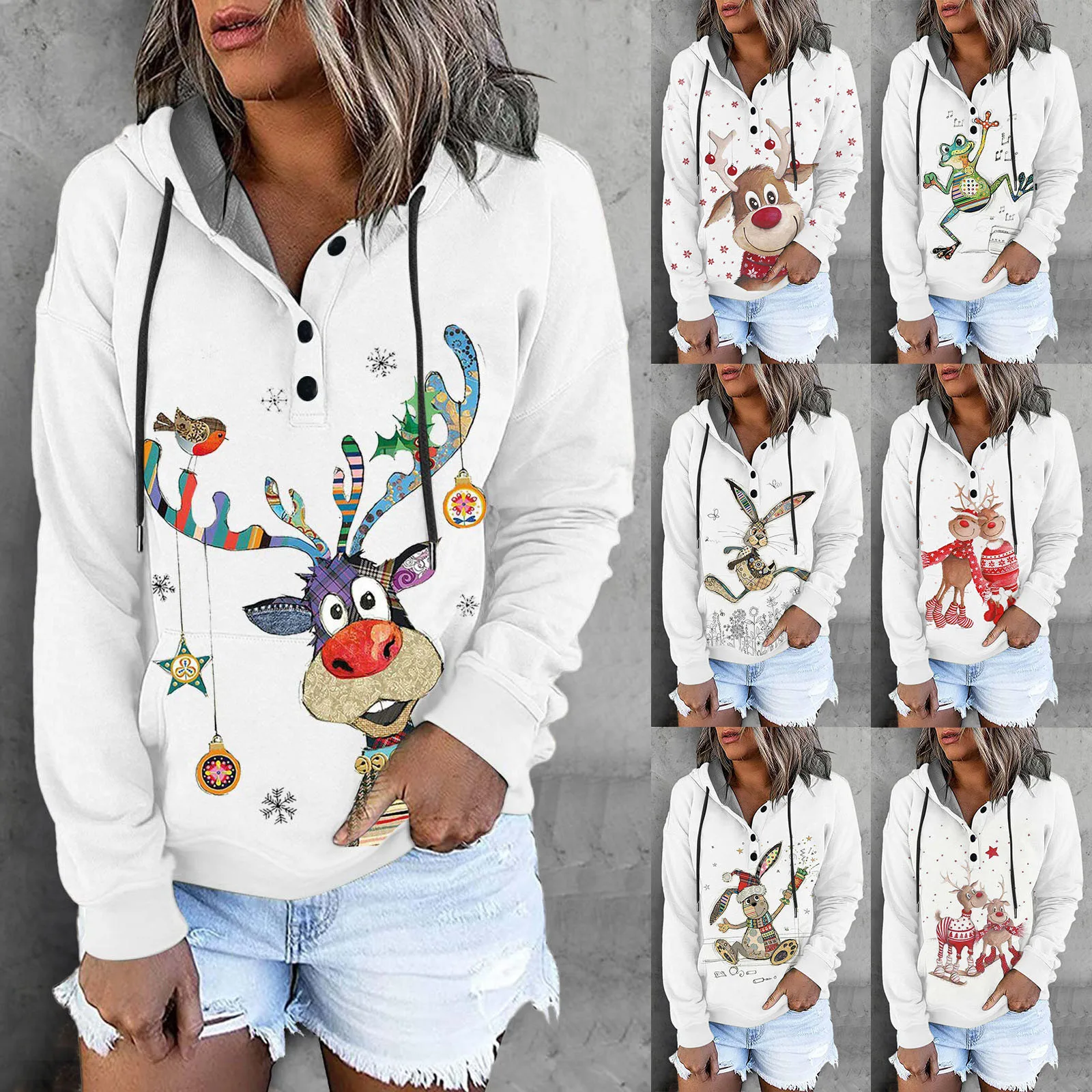

Худи без позиционирования с принтом для женщин, Рождественская Толстовка, топы на пуговицах для девочек-подростков, женская зимняя одежда