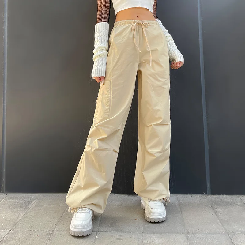 

Sexy Low Waist Baggy Trousers Spring Women Fashion Asymmetric Pocket Patch Wide Leg Pants Casual Lace-up Beam Feet Pants Female