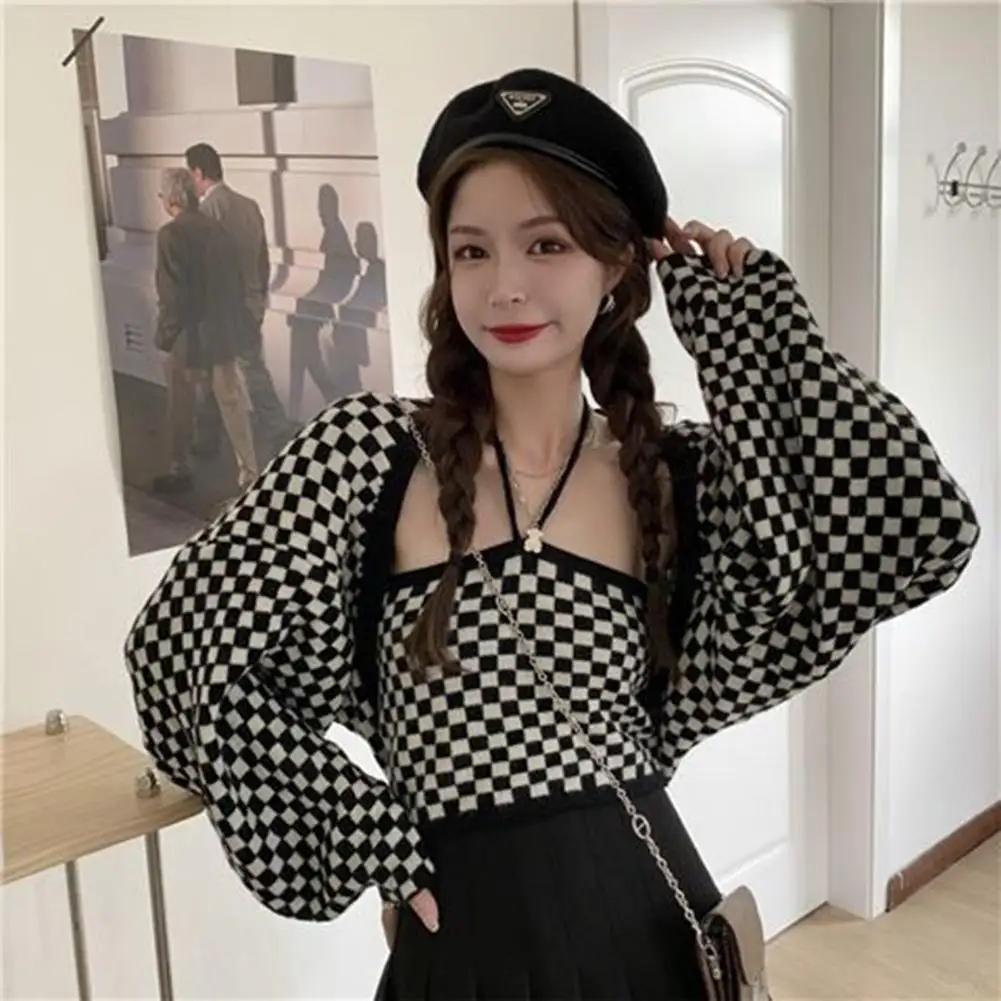 

Женский трикотажный жилет в стиле ретро, клетчатый кардиган с длинными рукавами, элегантный вязаный свитер, топы, 2023